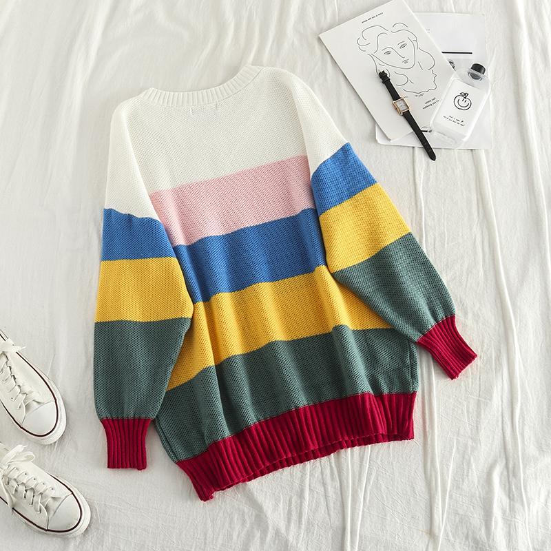 Striped crew neck loose rainbow sweater female wild
