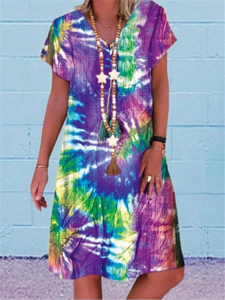 Multi-color printed short-sleeved V-neck dress
