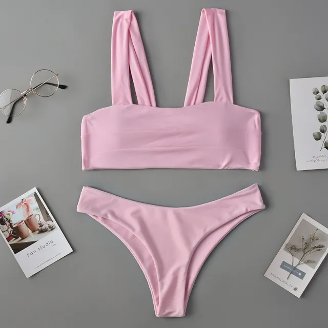 Solid color shoulder split swimsuit women Pink - Shop at LoveMi