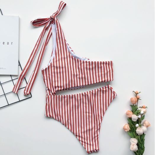 Striped Cut-out One Shoulder One Piece Swimsuit - Image 3