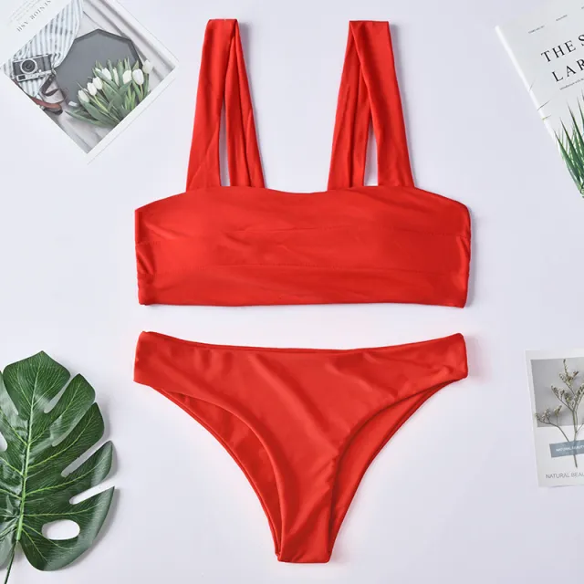 Solid color shoulder split swimsuit women Red - Shop at LoveMi