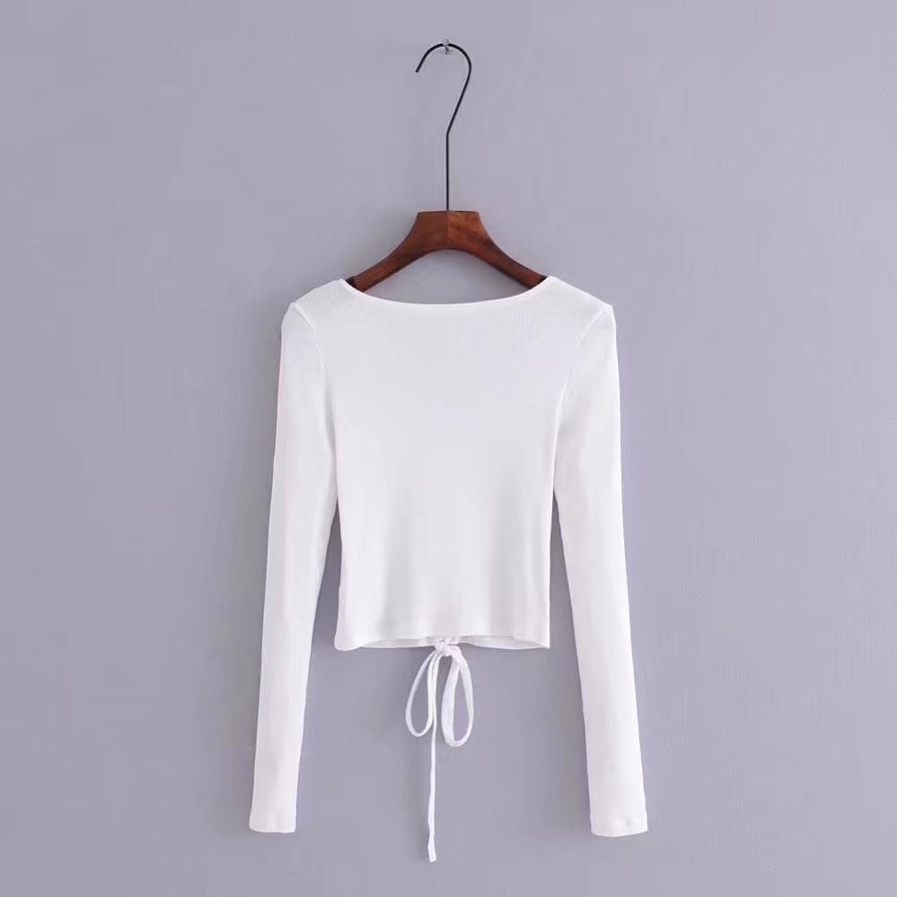 V-neck drawstring strap stretch slim long-sleeve T-shirt
