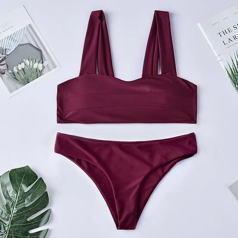 Solid color shoulder split swimsuit women