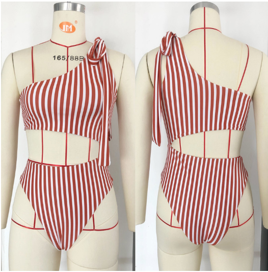 Striped Cut-out One Shoulder One Piece Swimsuit - Image 2