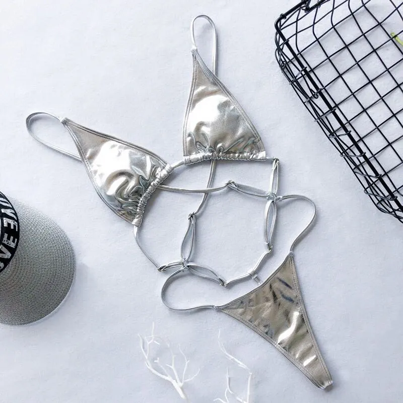Back one-piece swim trunks swimsuit hang neck - Silver