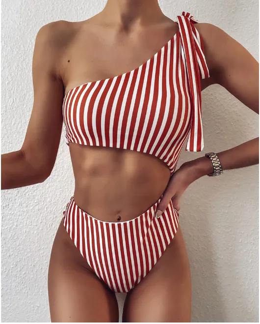 Striped Cut out One Shoulder One Piece Swimsuit Orange - Shop at LoveMi