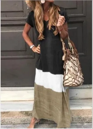 Loose color Mosaic short sleeve dress Black - Shop at LoveMi