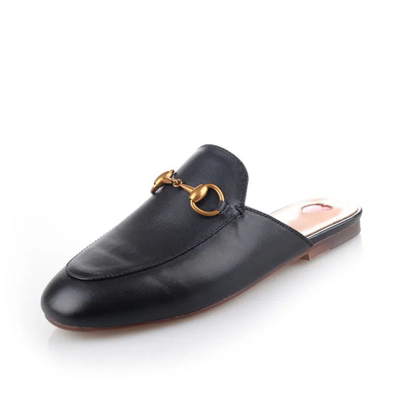 European and American leather round head classic flat shoes - Black