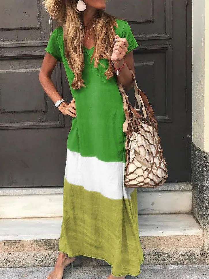 Loose color Mosaic short sleeve dress - Green