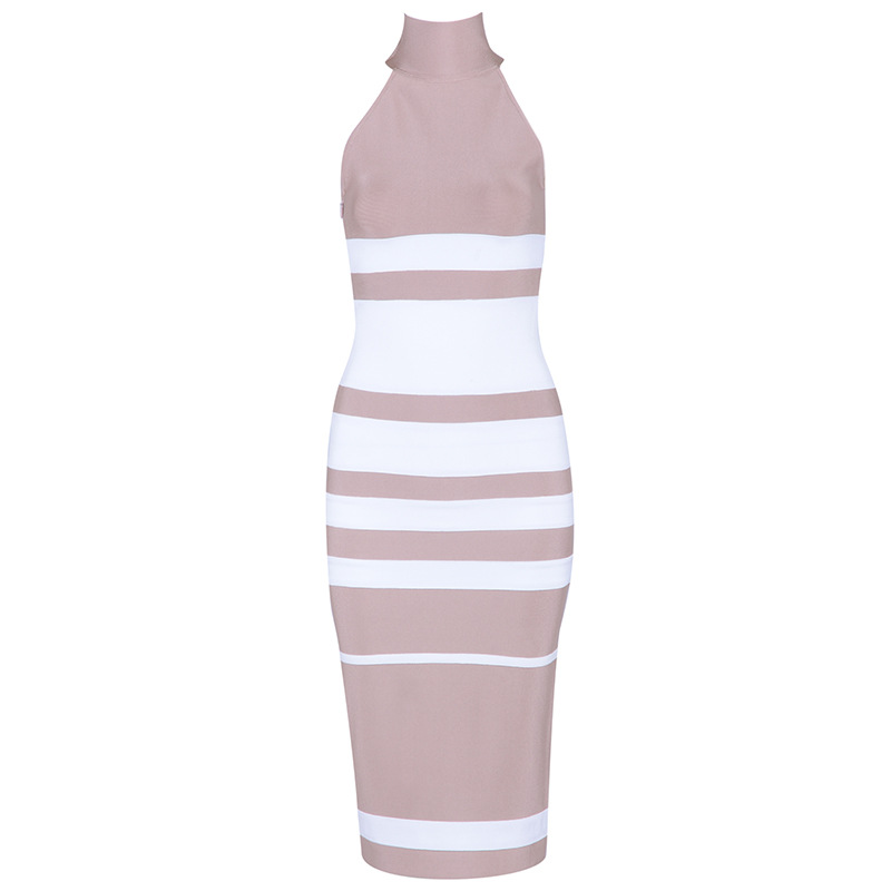 Hanging neck round neck striped contrast color knitted dress