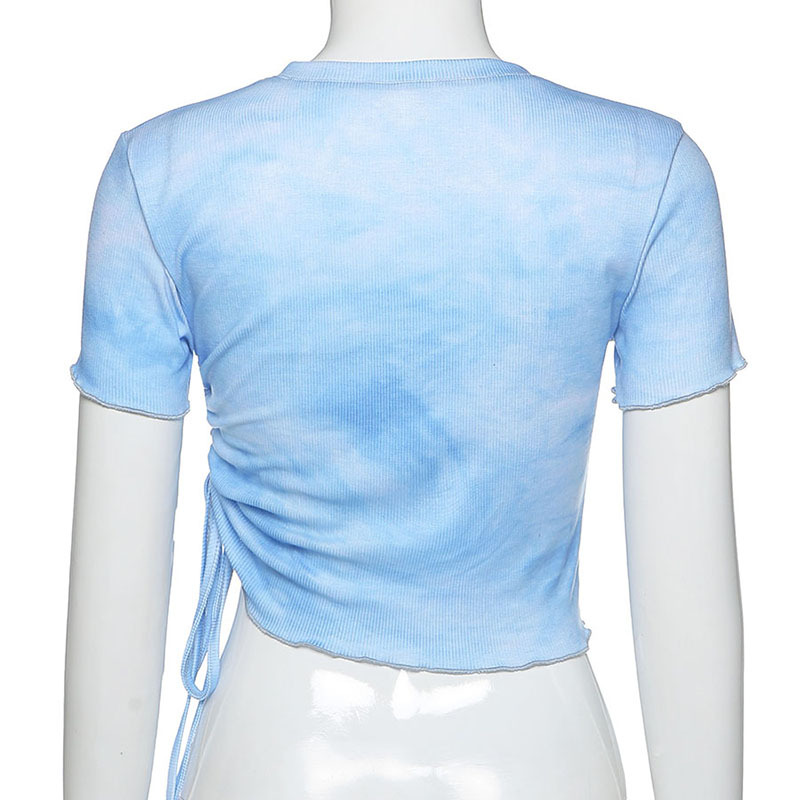 Tie-dye round neck fungus pleated T-shirt