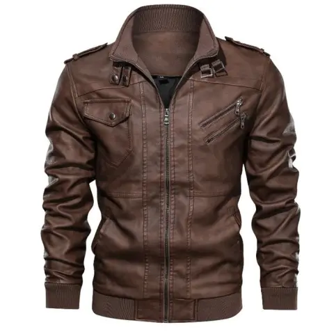 PU Leather Plain Jacket Hoodless