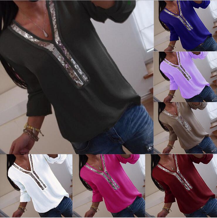 Sequined T-shirt wish solid color stitching V-neck bead long sleeve T-shirt