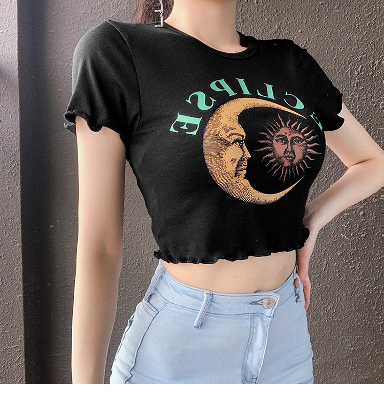 Retro sun and moon print black t-shirt