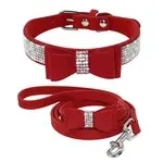 Rhinestone Bling Leather Dog Cat Collar & Leash Red Set - Shop at LoveMi