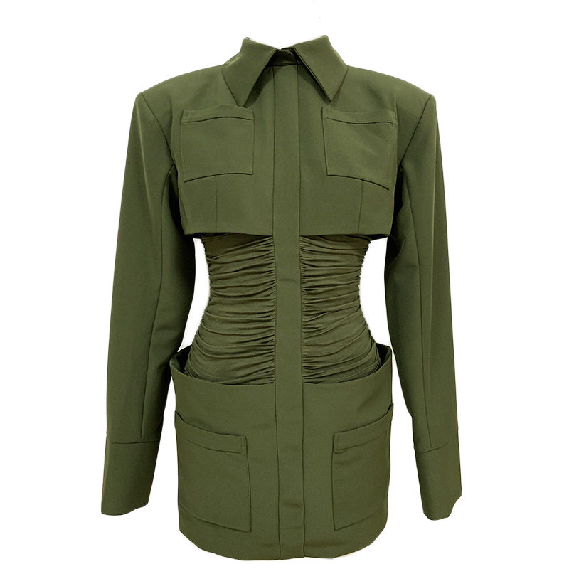 Evening dress bag hip skirt shrug pleated shirt collar slim dress