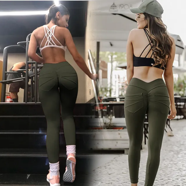 Tight high waist hips leggings pocket yoga pants sports running pants Dark Green - Shop at LoveMi