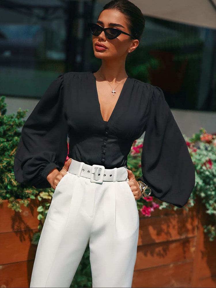 V-neck chest button mushroom long sleeve top