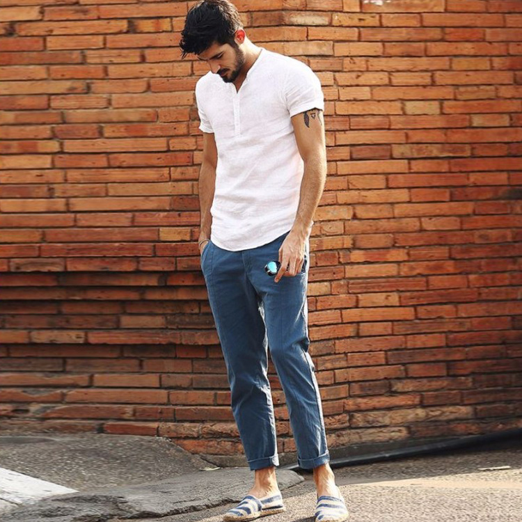 Stand collar cotton linen short sleeve shirt