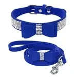 Rhinestone Bling Leather Dog Cat Collar & Leash - Blue Set