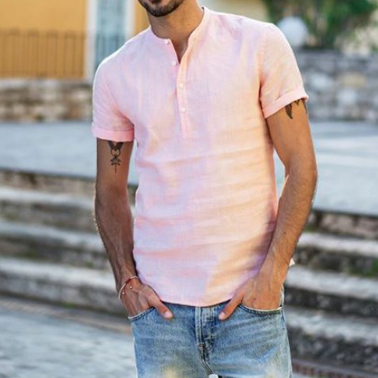 Stand collar cotton linen short sleeve shirt