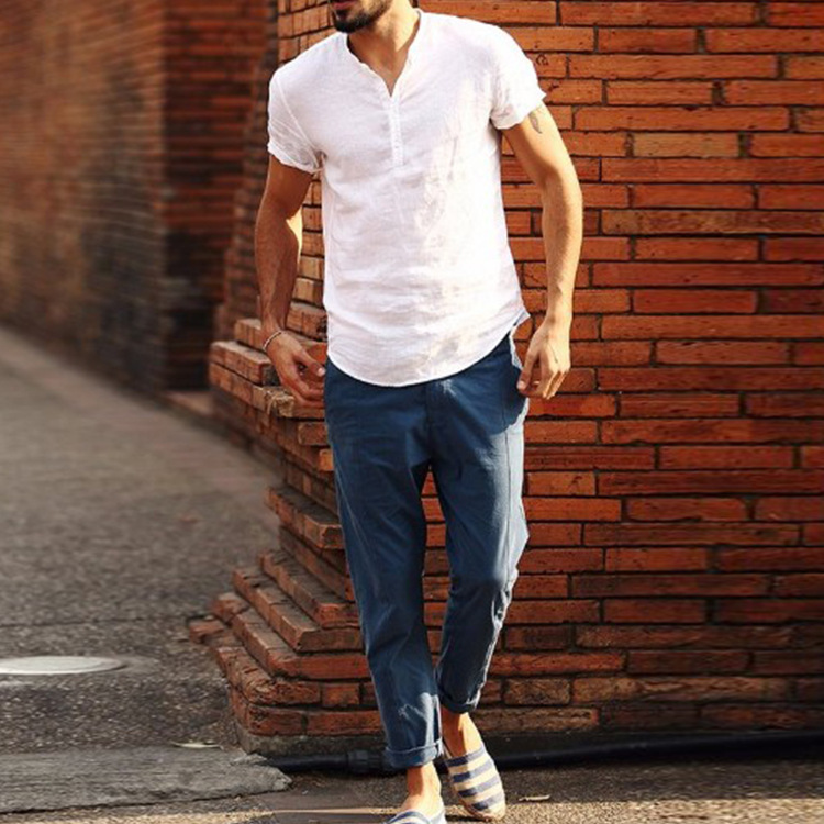 Stand collar cotton linen short sleeve shirt