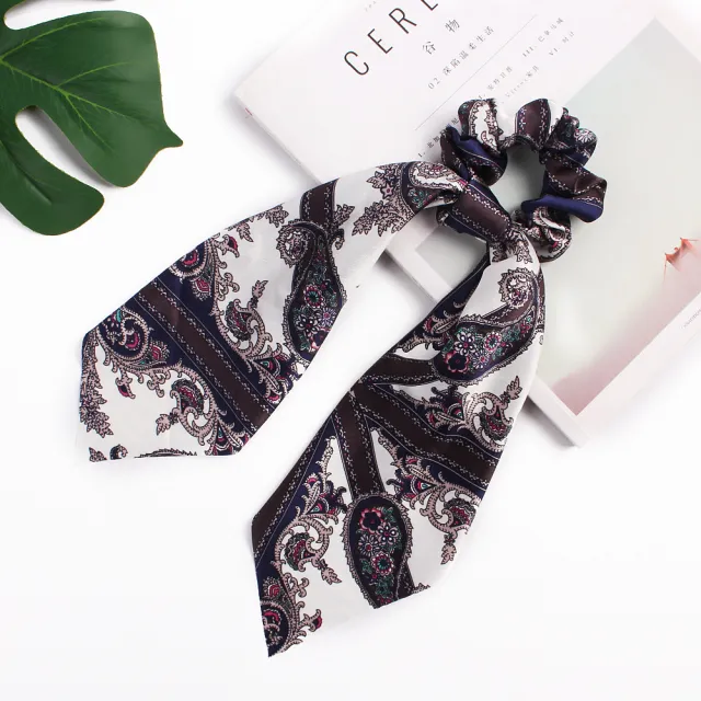 Printed silk scarf large intestine hair ring Navy - Shop at LoveMi