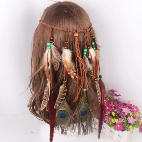 Peacock Feather Leather Rope Pendant Hair Ornament
