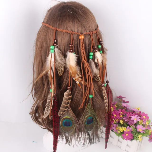 Peacock feather leather rope pendant hair ornament - Shop at LoveMi