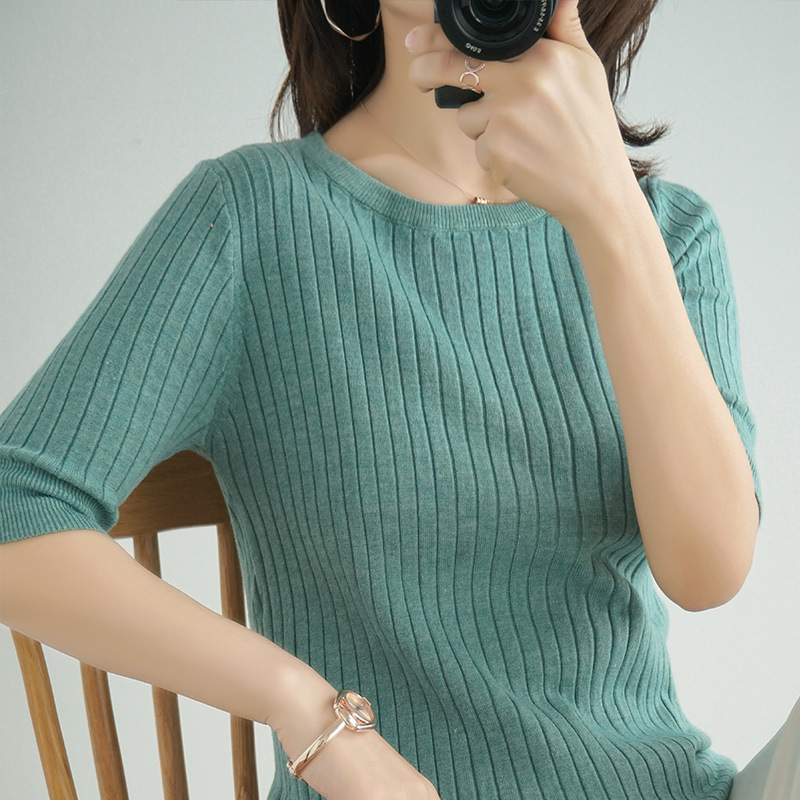 Round neck sweater short sleeve solid color T-shirt slim bottoming
