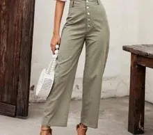 Button slim slim high waist straight temperament ladies casual trousers Green - Shop at LoveMi
