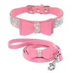 Rhinestone Bling Leather Dog Cat Collar & Leash Pink Set - Shop at LoveMi