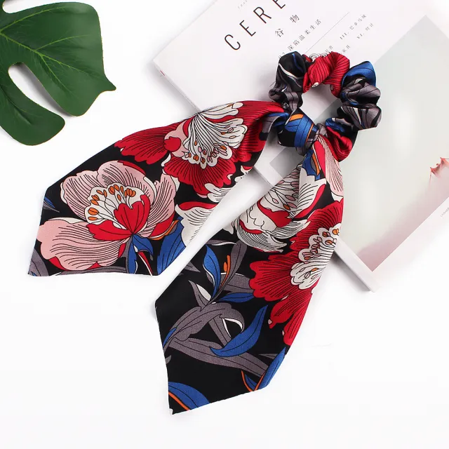 Printed silk scarf large intestine hair ring C21 Black - Shop at LoveMi