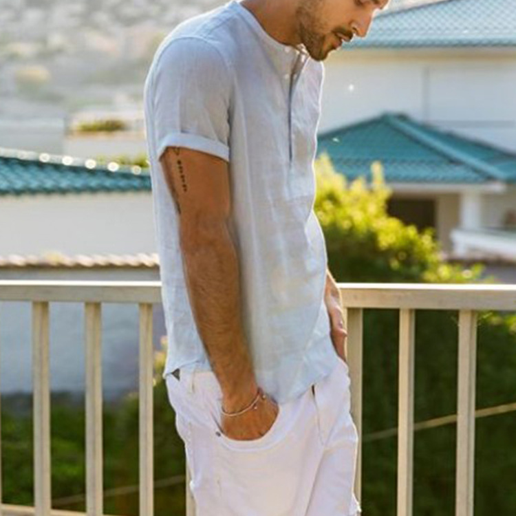 Stand collar cotton linen short sleeve shirt