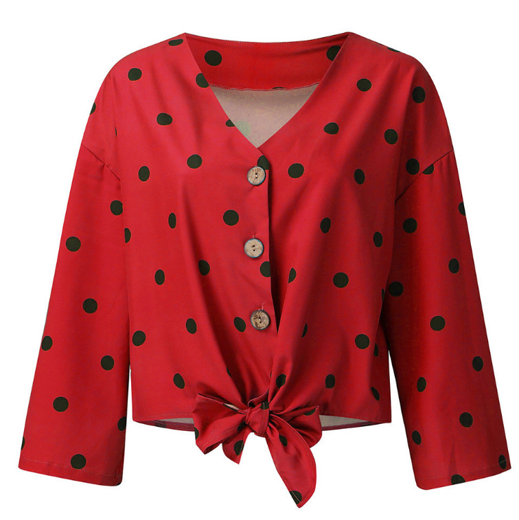 V-neck polka dot printed button-up shirt