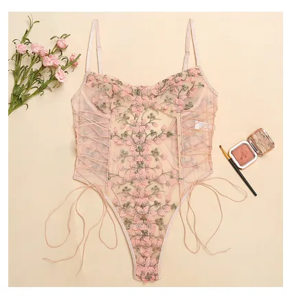 Lace Embroidered Lace Cross Jumpsuit Pink - Shop at LoveMi