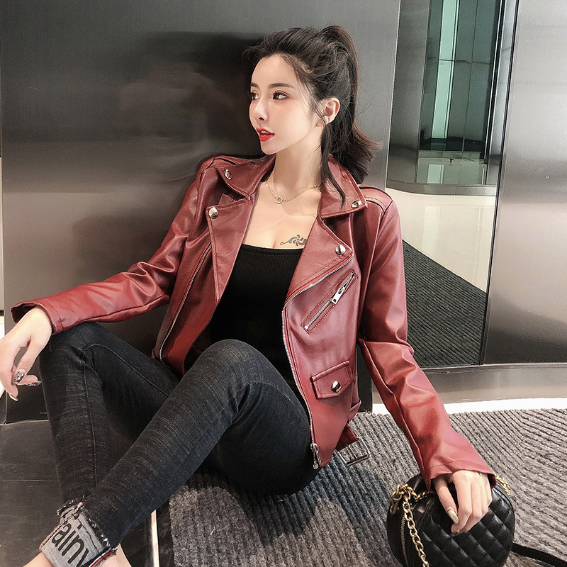 Thin and versatile leather top, motorcycle coat Wine - Shop at LoveMi