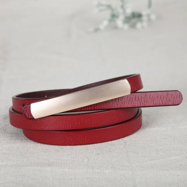 Female leather alloy smooth buckle two layer leather fine belt Red - Shop at LoveMi