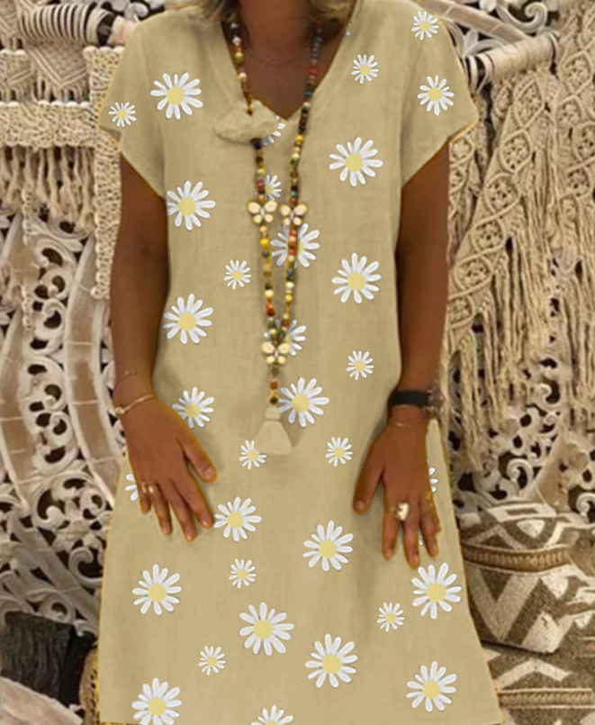 Daisy floral V-neck cotton and linen dress