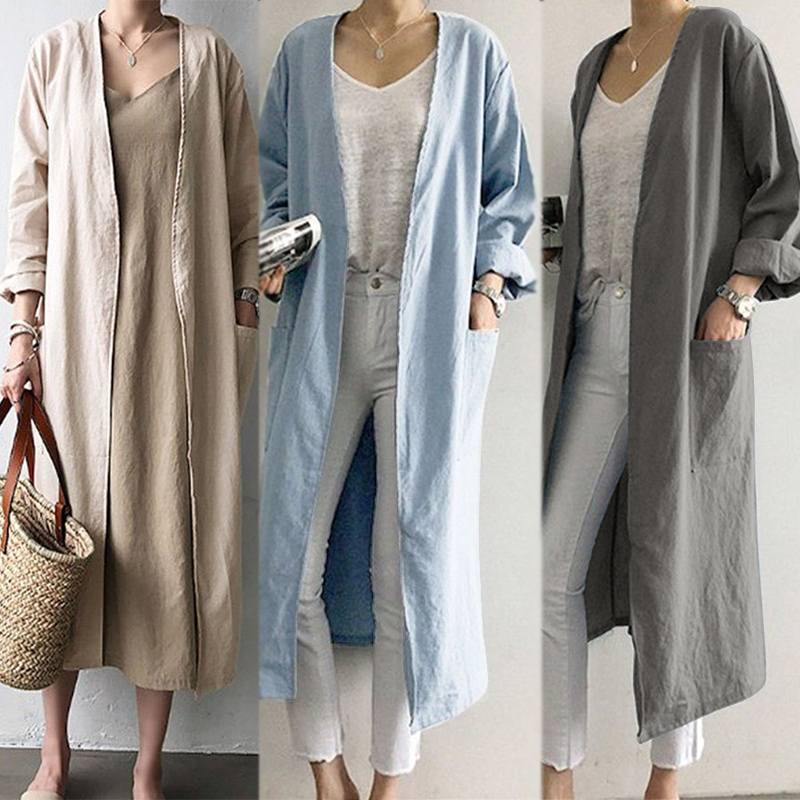 Casual cotton and linen long over-the-knee trench coat