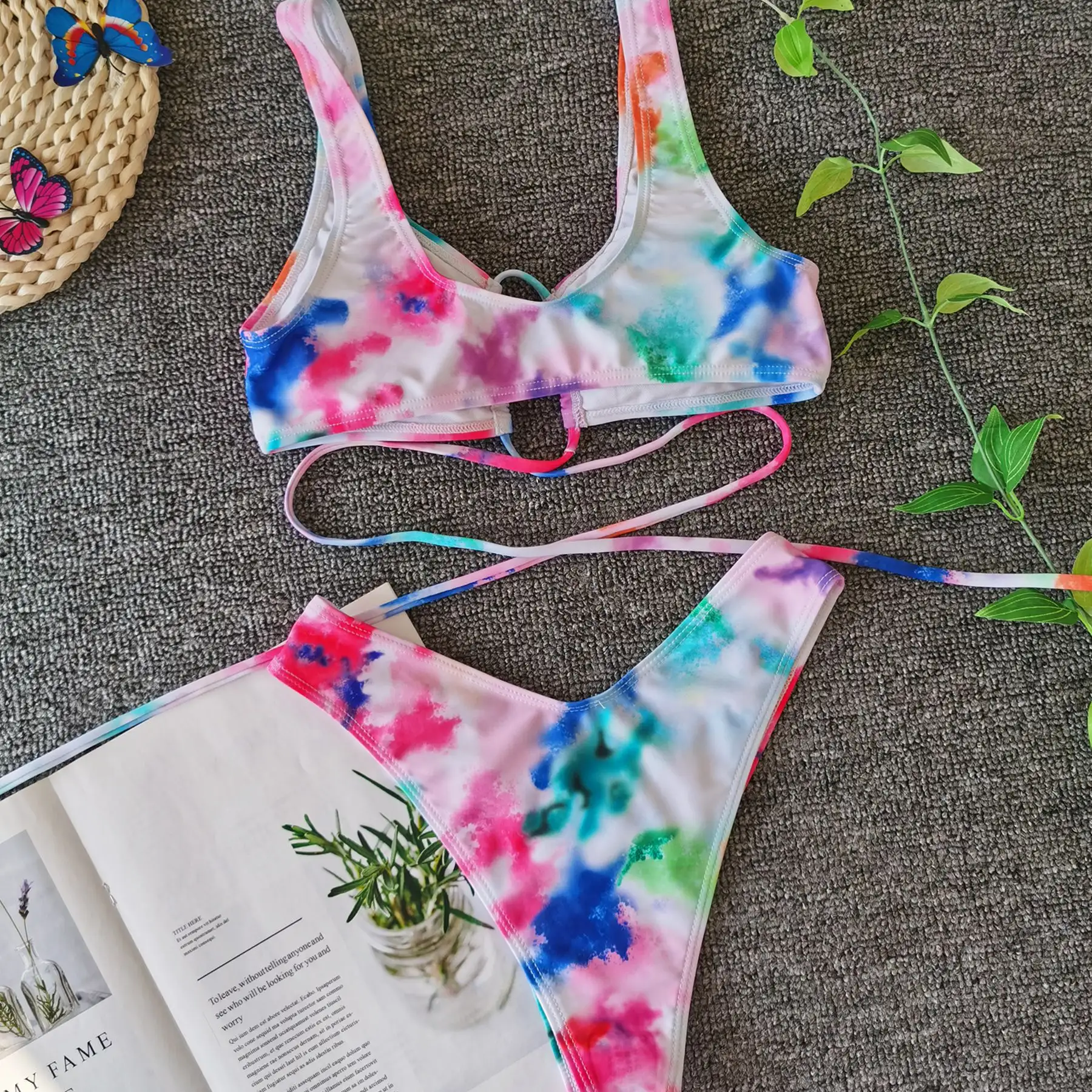 Split tie swimsuit tie dye printing