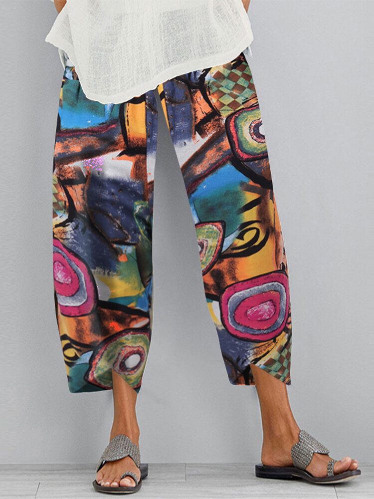 Cotton and linen printed cropped trousers
