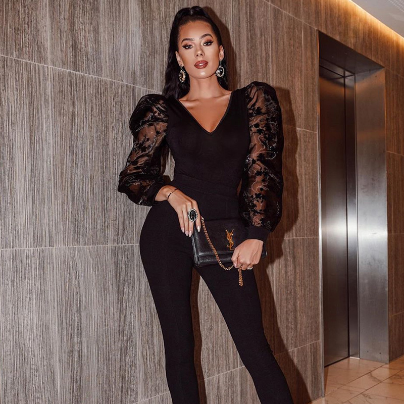 Sexy V-neck floral mesh splicing bottoming shirt