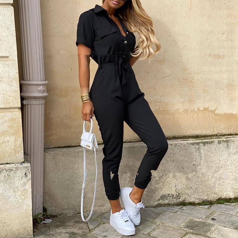 Short sleeve casual pocket lace solid jumpsuit