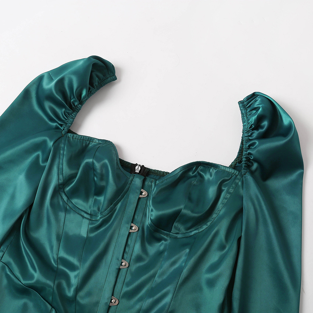 V-neck wrap chest bag hip long sleeve dress