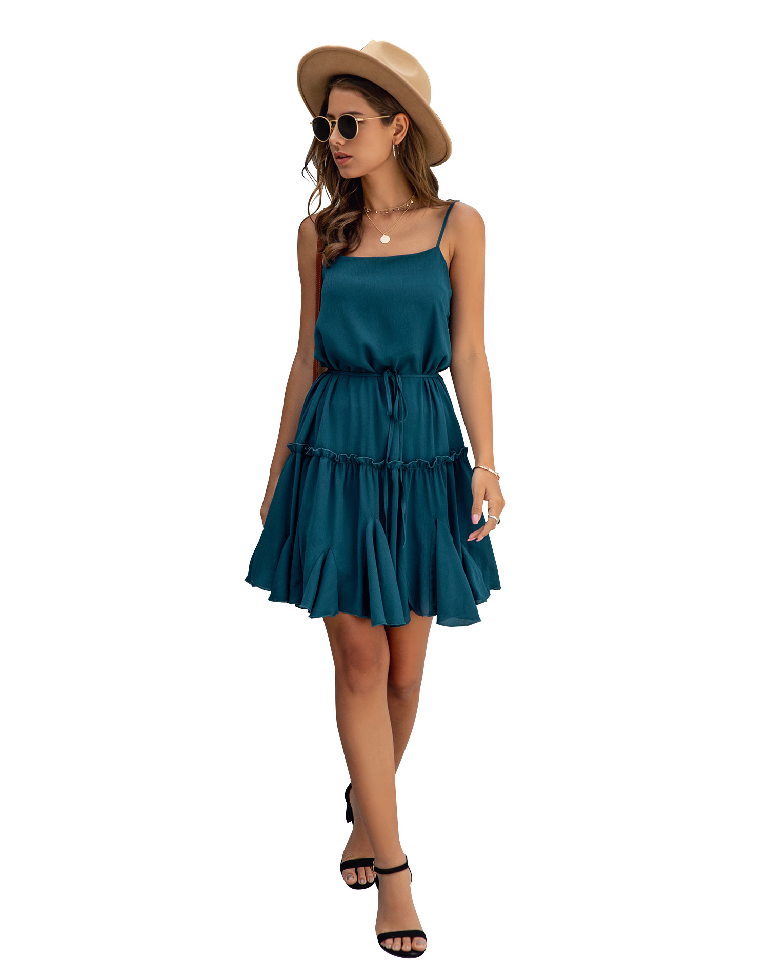 Strap square collar tether ruffle skirt