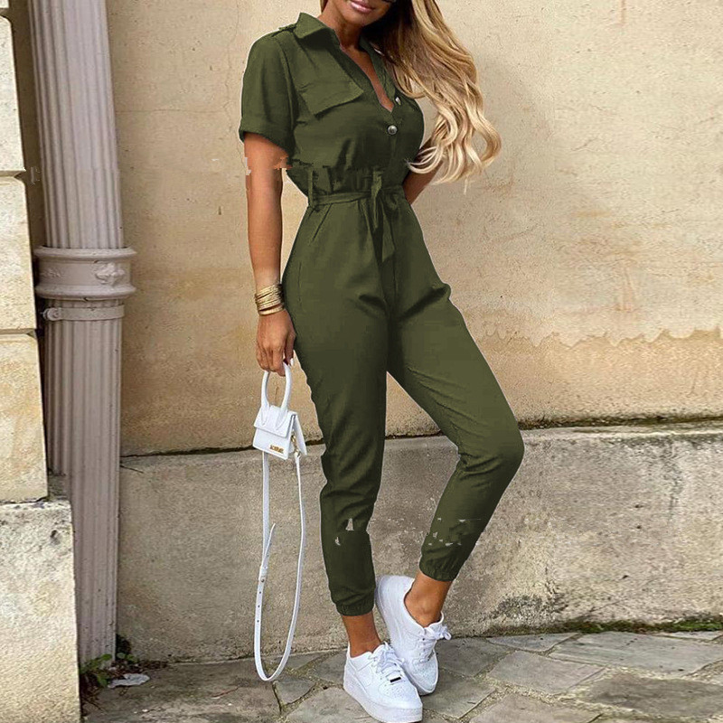 Short sleeve casual pocket lace solid jumpsuit Green - Shop at LoveMi