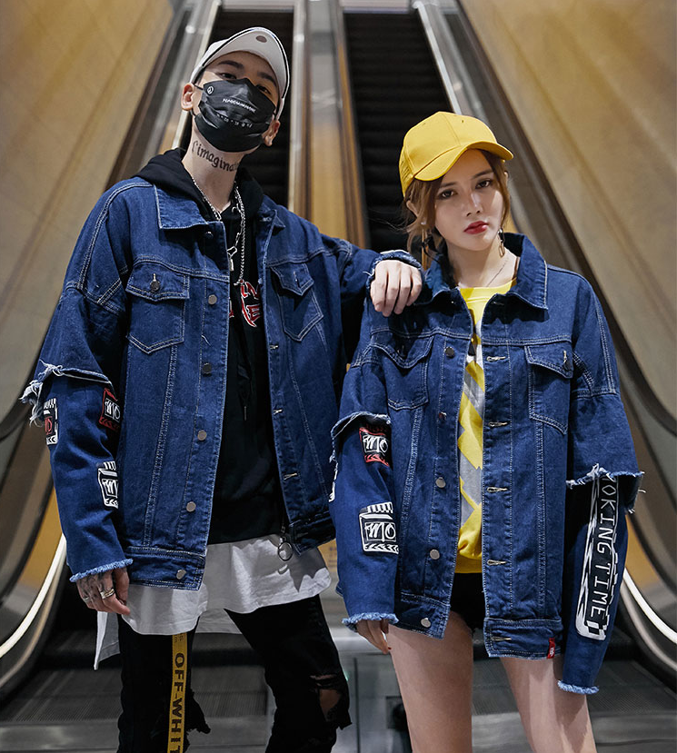 Fake two piece stitching denim top street coat