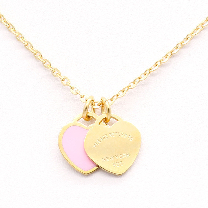 New stainless steel enamel pink double heart necklace