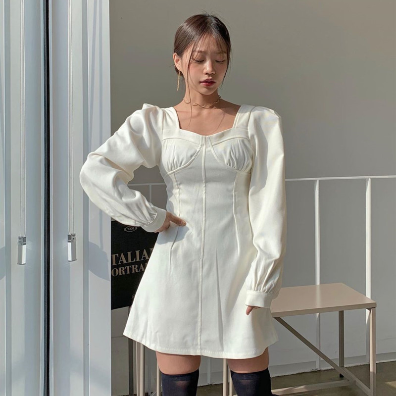 Celebrity temperament slim slim white long-sleeved dress